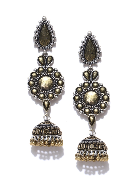 

Infuzze Oxidised Silver-Toned & Gold-Toned Dome Shaped Jhumka Earrings