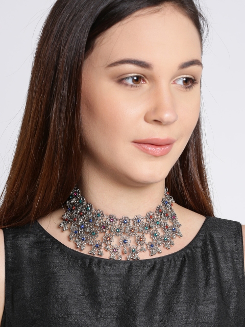 

Infuzze Oxidised Silver-Toned Stone-Studded Necklace