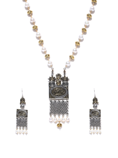 

Infuzze Antique Gold-Toned & White Beaded Tribal Jewellery Set