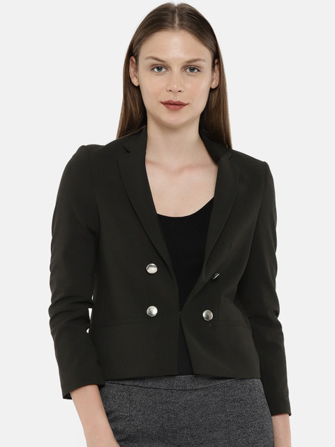 

Arrow Women Olive Green Solid Single Breasted Blazer