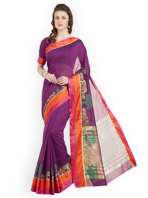 

Kvsfab Purple & Multicoloured Silk Cotton Woven Design Saree