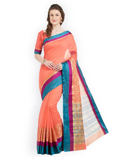 

Kvsfab Peach-Coloured & Multicoloured Silk Cotton Woven Design Saree