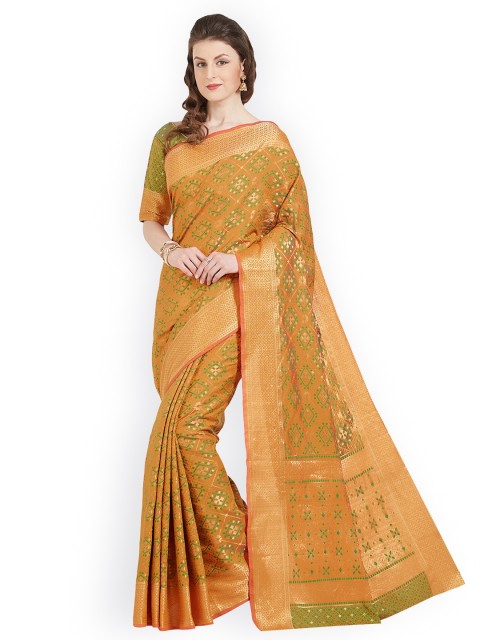 

Kvsfab Orange & Green Silk Cotton Woven Design Saree