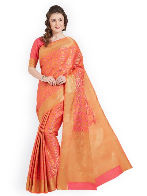 

Kvsfab Orange & Pink Silk Cotton Woven Design Saree