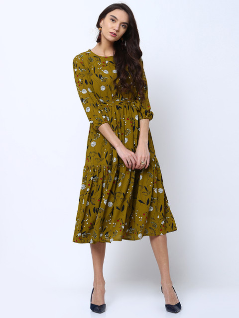 

Tokyo Talkies Women Olive Green Printed Blouson Dress