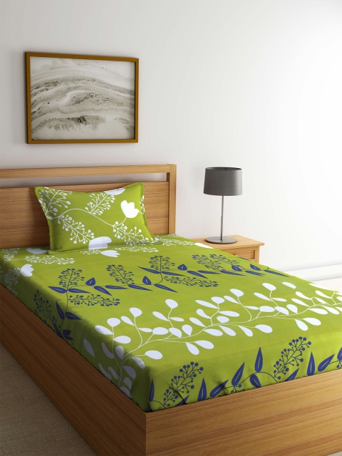 

Home Ecstasy Green Floral Flat 140 TC Cotton 1 Queen Bedsheet with 1 Pillow Covers