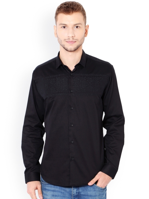 

V Dot Men Black Slim Fit Self Design Casual Shirt