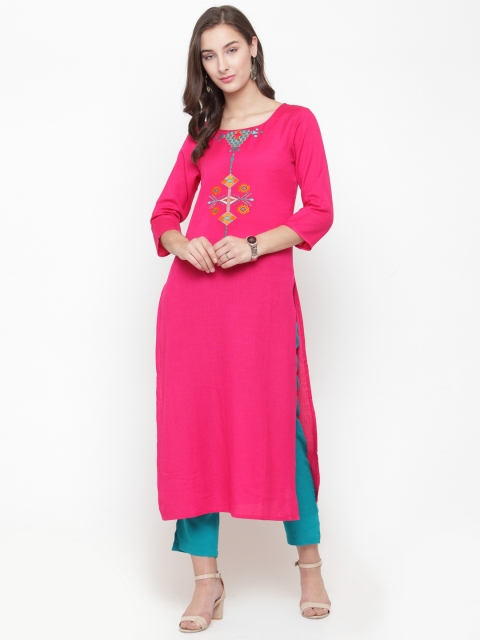 

Varanga Fuchsia Embroidered Kurta With Teal Pants, Pink