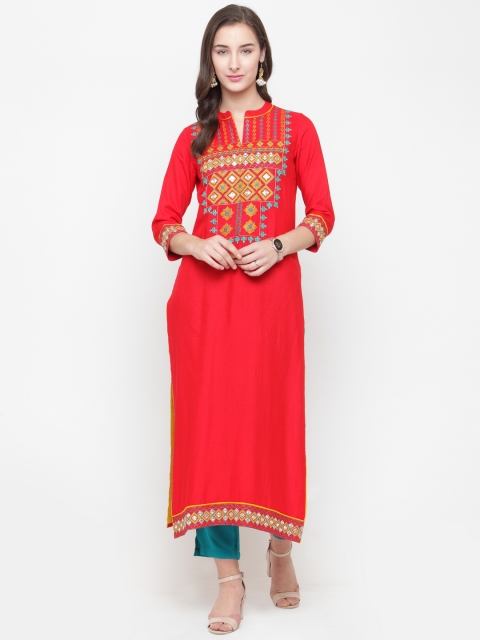 

Varanga Red Embroidered Kurta With Teal Pants