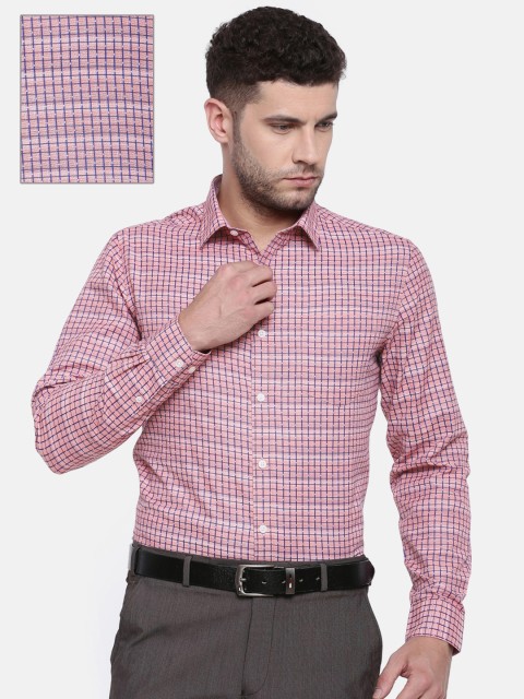 

Excalibur Men Peach-Coloured & Navy Blue Slim Fit Checked Formal Shirt