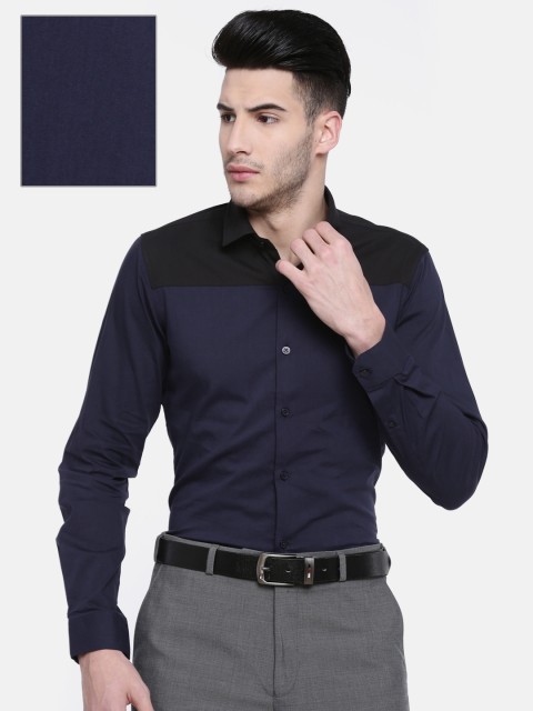 

Excalibur Men Navy Blue & Black Slim Fit Colourblocked Semiformal Shirt
