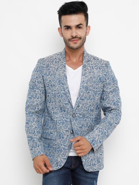 

SHOWOFF Men Off-White & Blue Printed Party Blazer