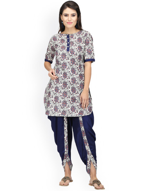

Abhishti Women White & Blue Printed Kurti with Dhoti Pants