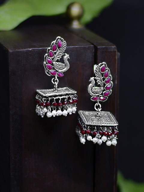

Rubans Silver-Toned & Red Classic Jhumkas