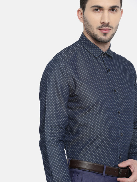 

V Dot Men Navy Blue Slim Fit Self Design Semiformal Shirt