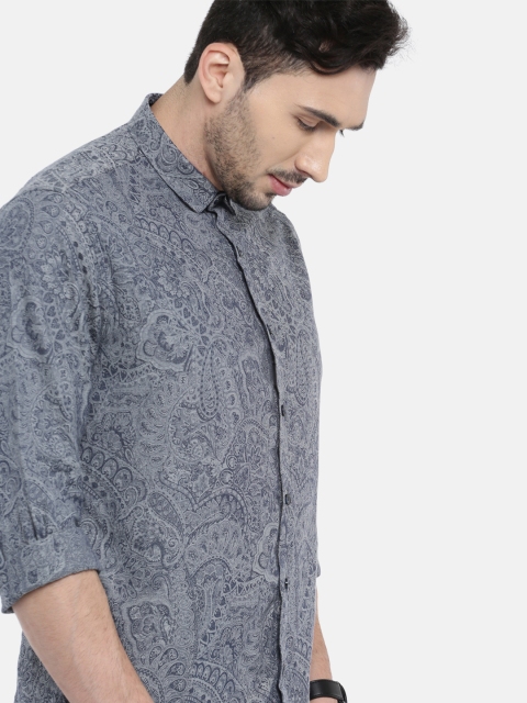 

V Dot Men Navy & Grey Slim Fit Self Design Casual Shirt, Navy blue