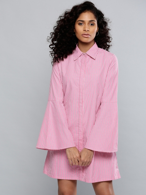 

Besiva Women Pink & White Checked Shirt Dress