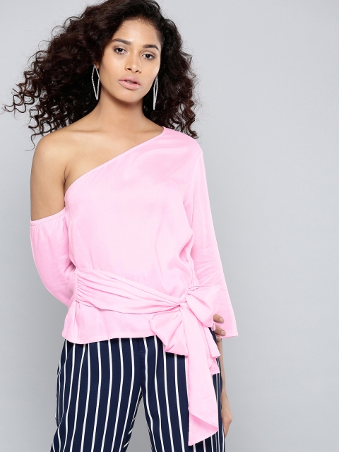 

Besiva Women Pink Solid One Shoulder Top