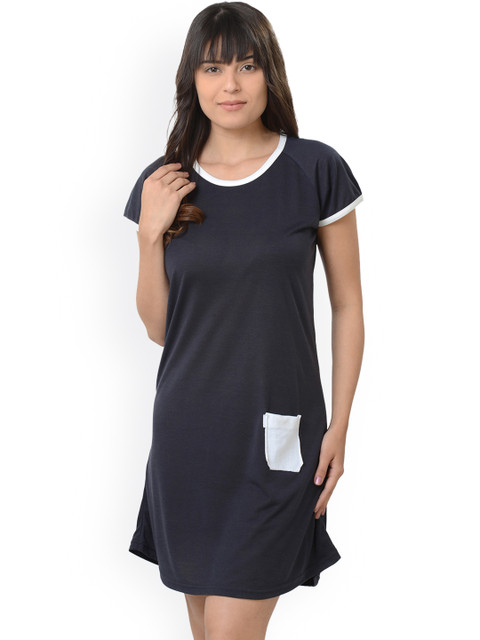 

Da Intimo Navy Blue Solid Nightdress DIB215