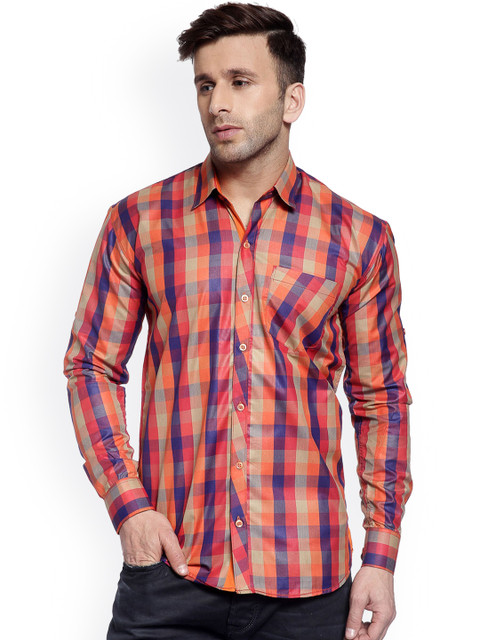 

Hangup Men Orange Regular Fit Checked Casual Shirt