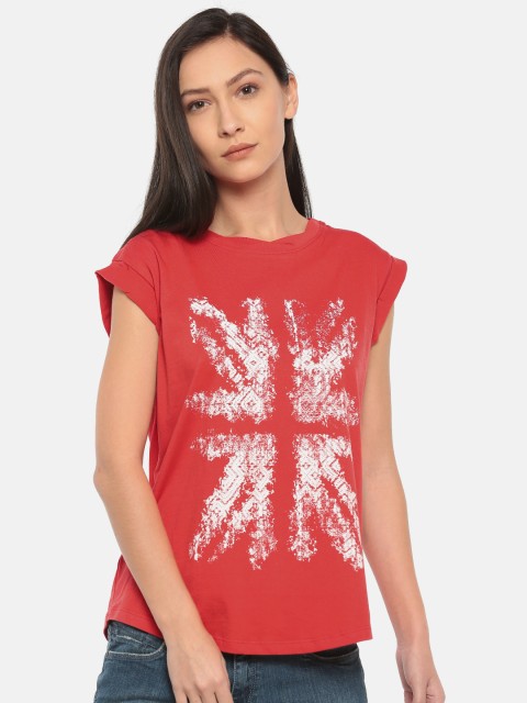 

Pepe Jeans Women Red Printed Round Neck Pure Cotton T-shirt
