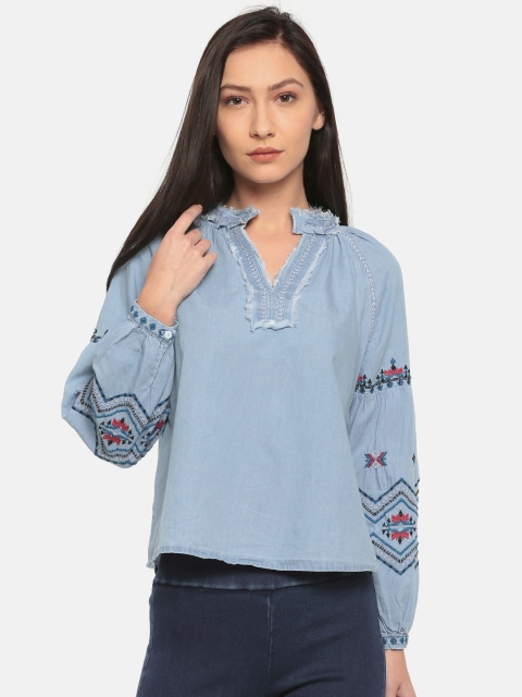

Pepe Jeans Women Blue Self Design Pure Cotton Top