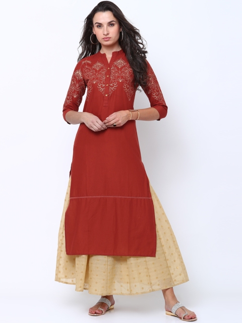 

Vishudh Women Rust & Gold-Toned Solid Straight Kurta