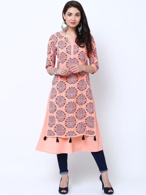 

Vishudh Women Peach-Coloured & Blue Printed A-Line Kurta