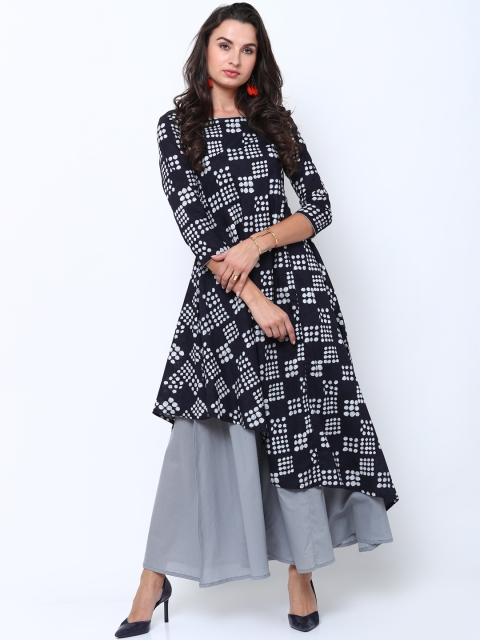 

Vishudh Women Navy Blue Printed A-Line Asymmetric Kurta