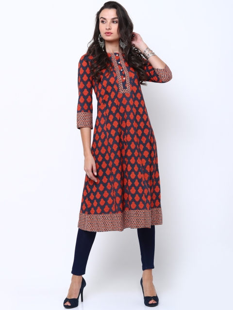 

Vishudh Women Orange & Blue Printed A-Line Kurta