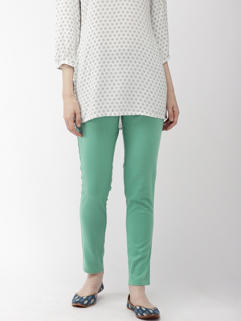 

Go Colors Women Sea Green Pencil Tapered Fit Solid Cigarette Trousers