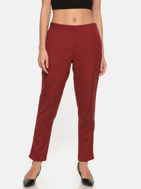 

Go Colors Women Maroon Pencil Tapered Fit Cropped Cigarette Trousers