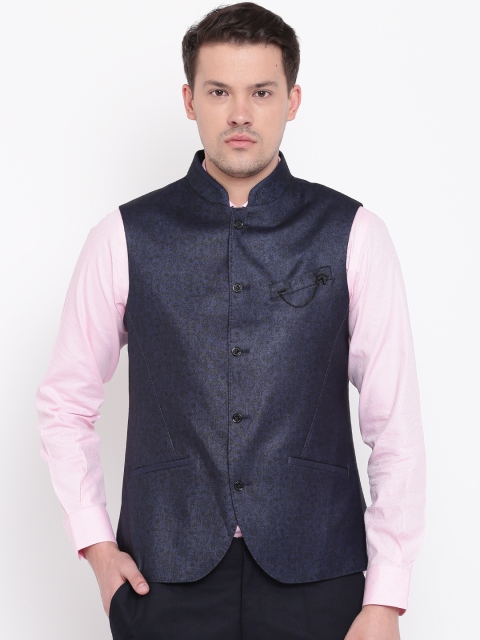 

Blackberrys Navy Blue & Black Self-Design Slim Fit Nehru Jacket