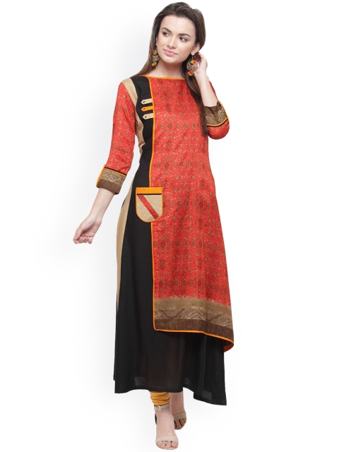 

Kvsfab Women Black & Multicoloured Printed A-Line Kurta