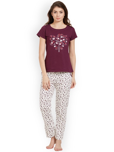 

Soie Women Purple & Off-White Printed Night suit