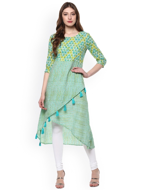 

Janasya Women Green & White Printed A-Line Kurta