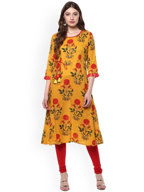 

Janasya Women Yellow Printed A-Line Kurta