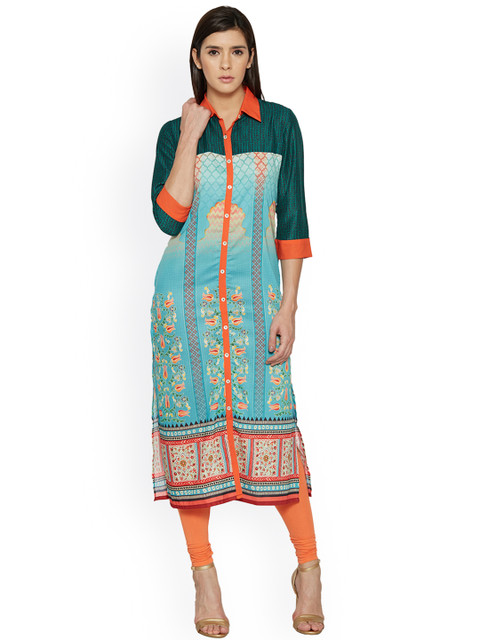 

Globus Women Blue & Orange Printed Straight Kurta