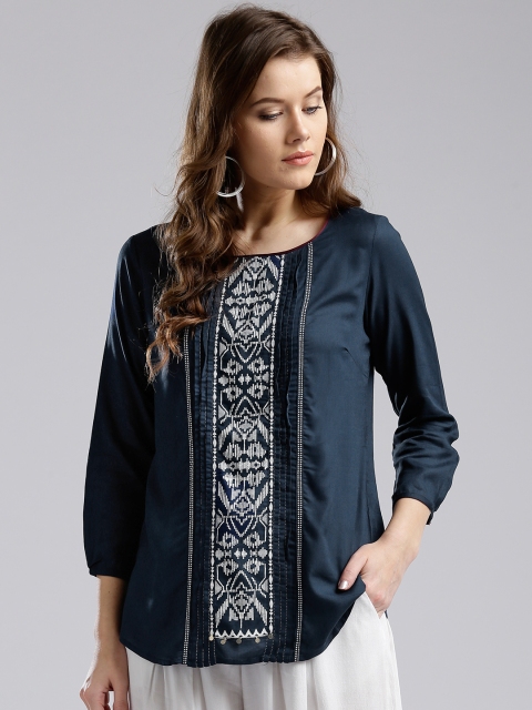 

W Women Navy Printed Top, Navy blue