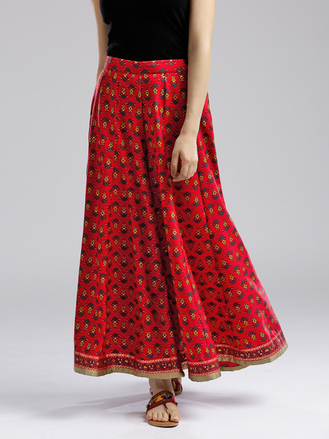 

W Women Red & Green Printed Flared Palazzos