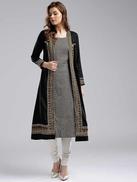 

W Women Black & White Woven Design A-Line Layered Kurta
