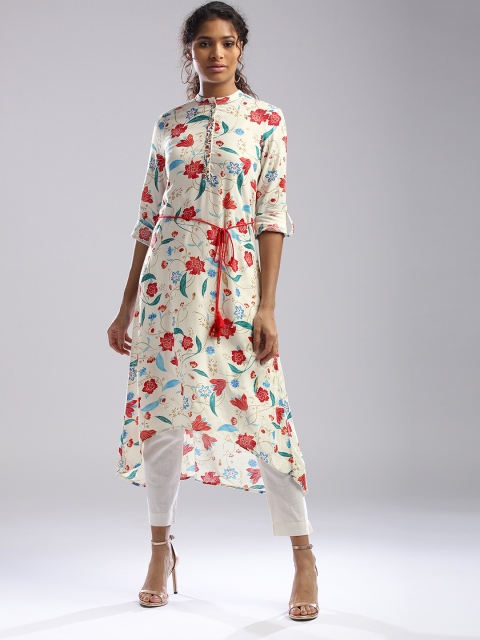 

W Women White & Red Floral Print Belted Straight Kurta