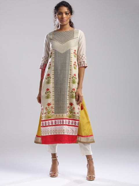 

Wishful by W Women Off-White & Green Printed Layered A-Line Kurta