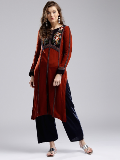 

W Women Rust Brown Yoke Design Straight Kurta