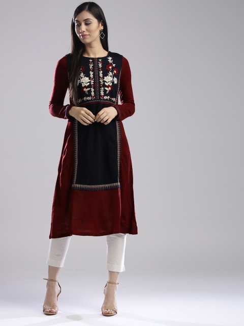 

W Women Maroon & Navy Embroidered A-Line Kurta