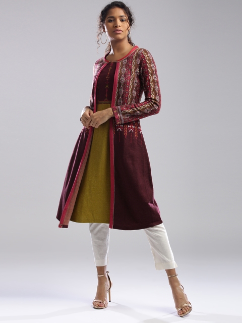 

W Women Purple & Lime Green Patterned Panelled A-Line Kurta