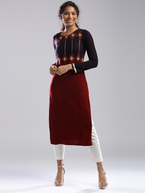 

W Women Maroon & Aubergine Geometric Pattern Straight Kurta