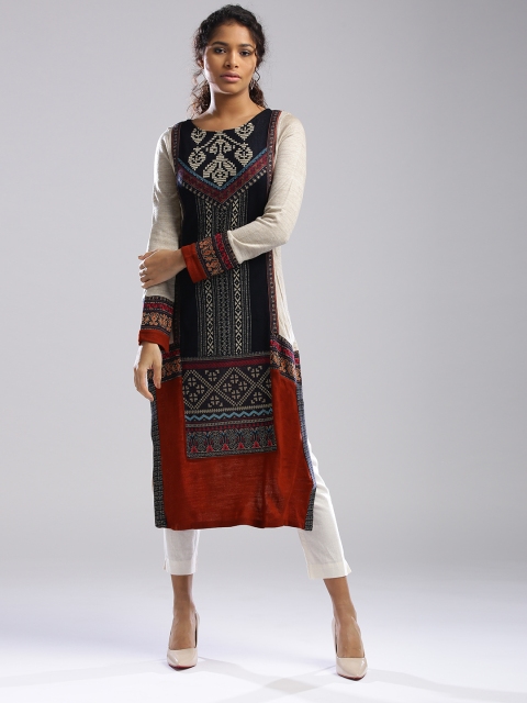 

W Women Beige & Black Woven Design Straight Kurta