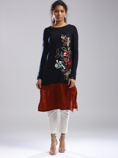 

W Women Navy Blue & Rust Red Straight Kurta with Floral Embroidery
