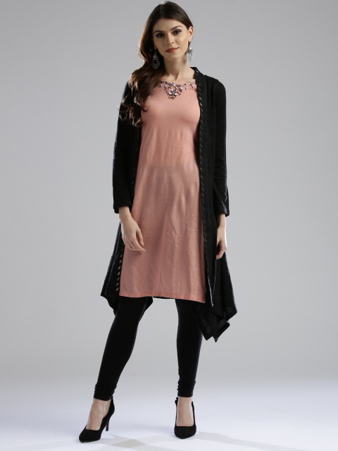 

W Women Charcoal Grey & Peach-Coloured Solid Asymmetrical Hem A-Line Kurta